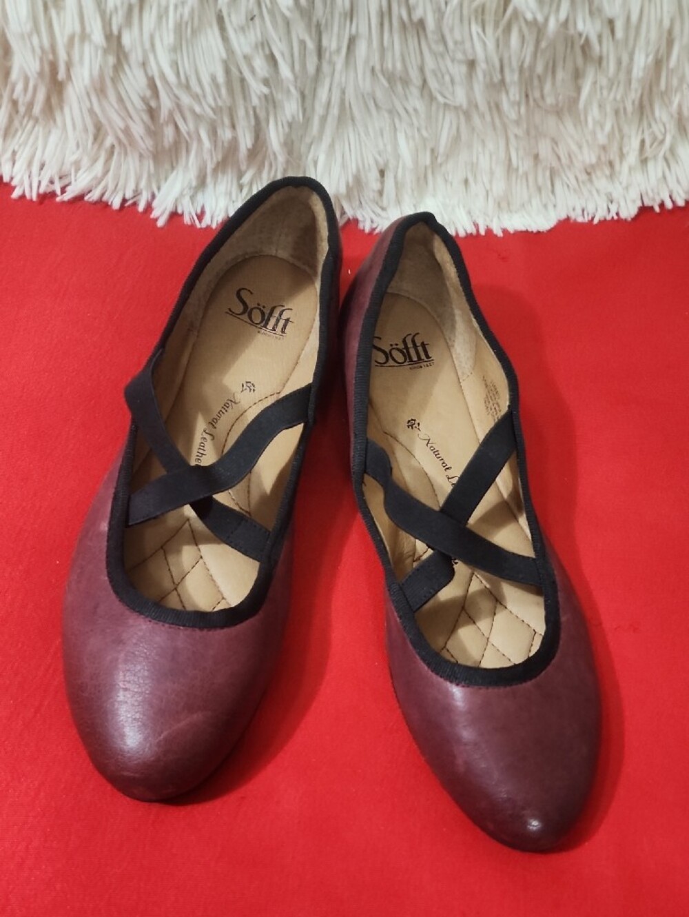 Sofft Kenni Burgundy Leather Ballet Flats with Black Cross Straps